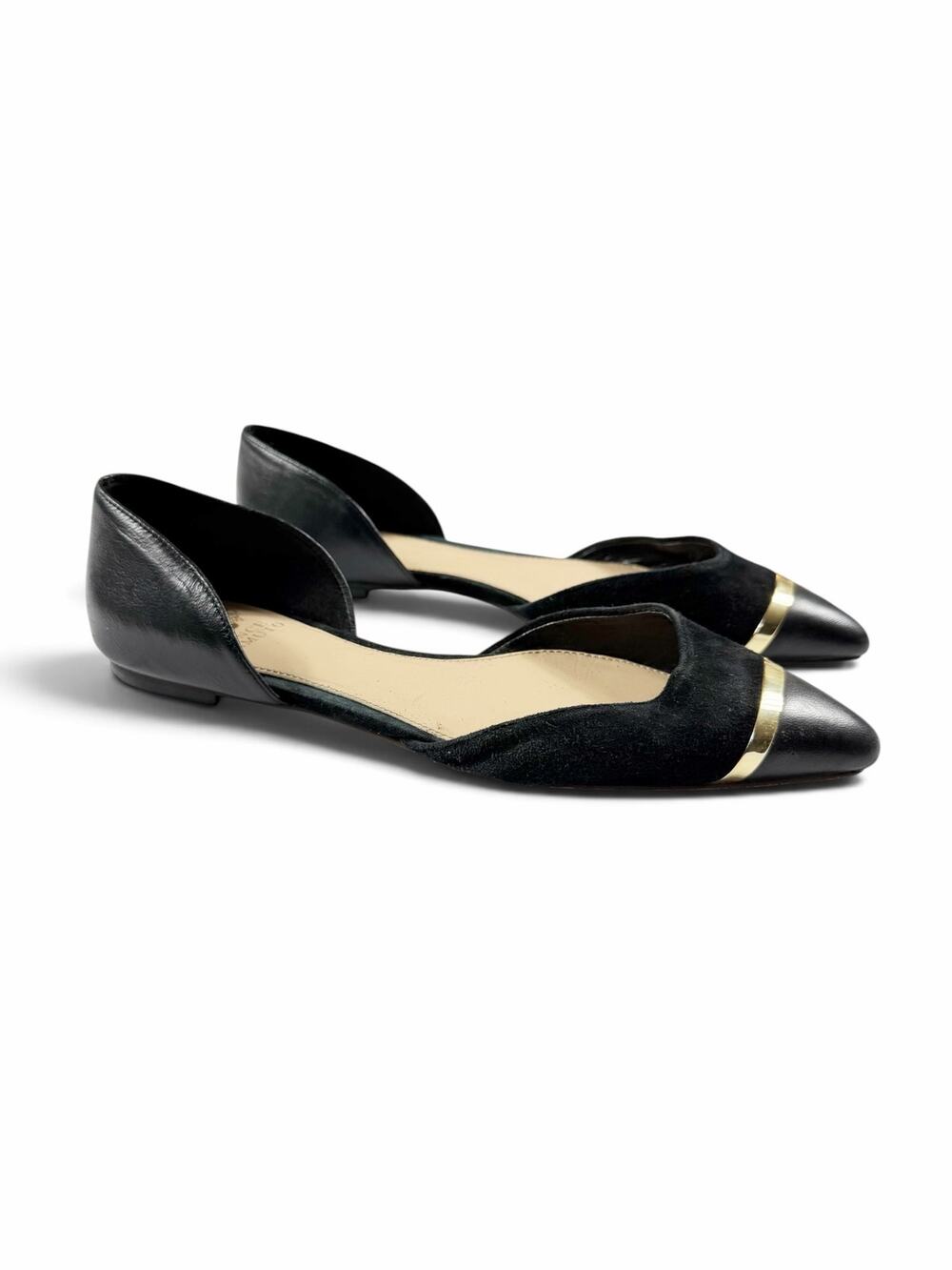 Vince Camuto Women’s Hope D’Orsay Flats Black Suede Gold Cap Toe size 8.5